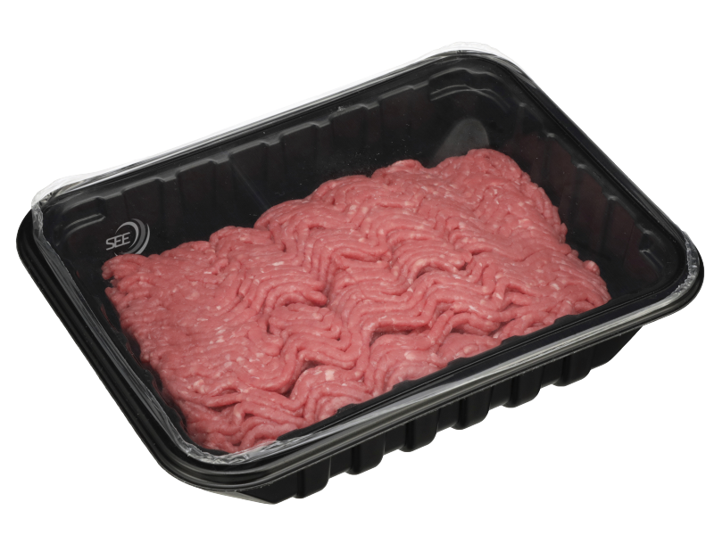 CRYOVAC brand black preformed MAP tray with overwrap film over fresh red meat ground beef