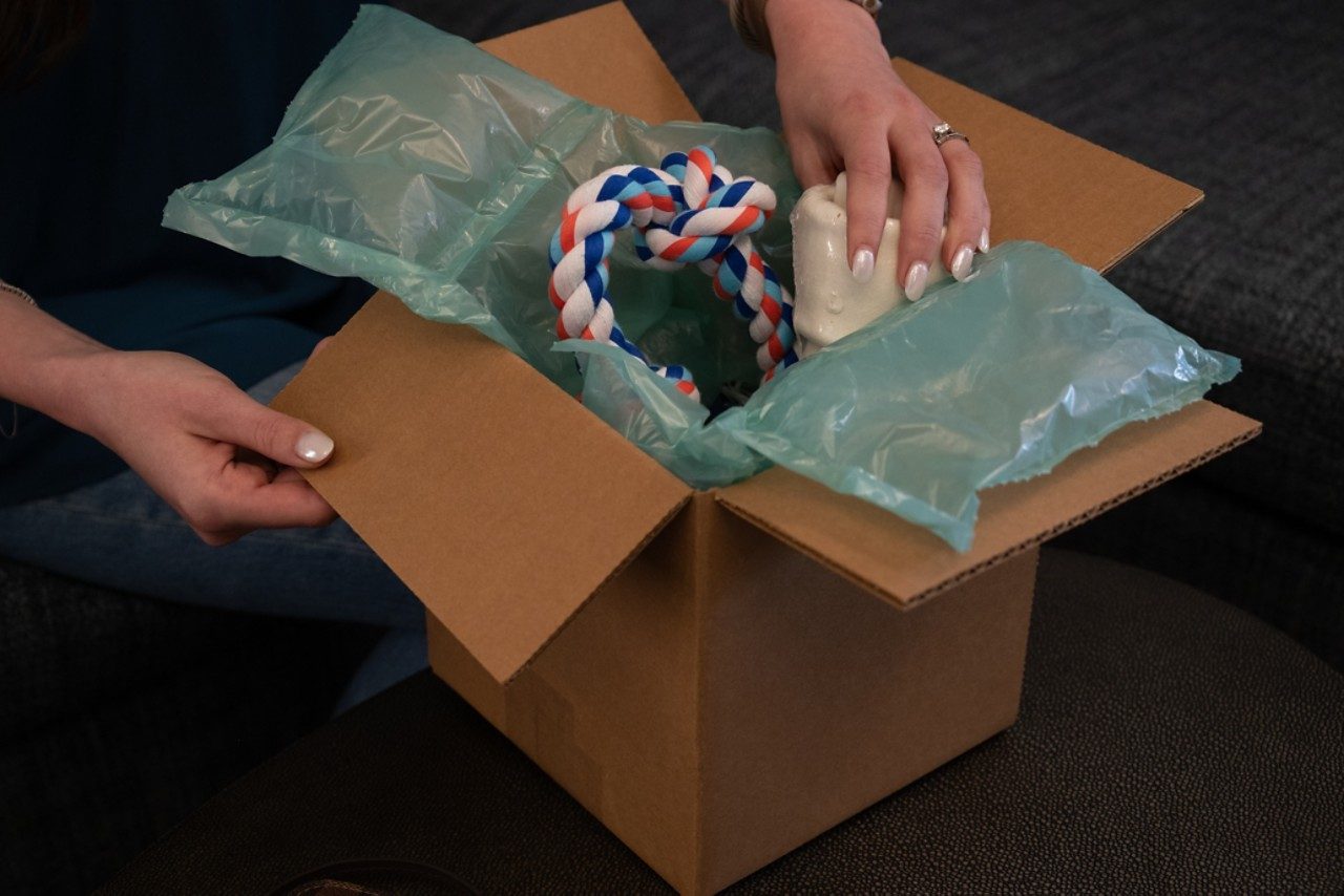 cardboard box filled with inflatable pillows and dog toys