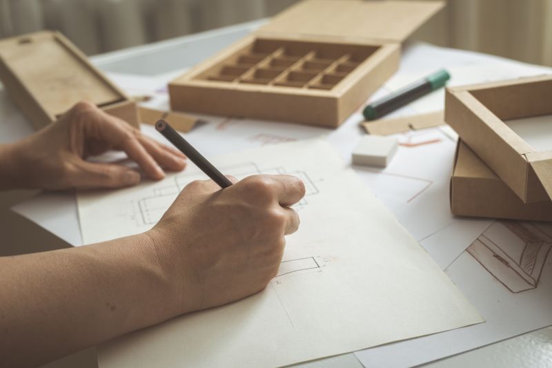 Person writing at a desk with boxes