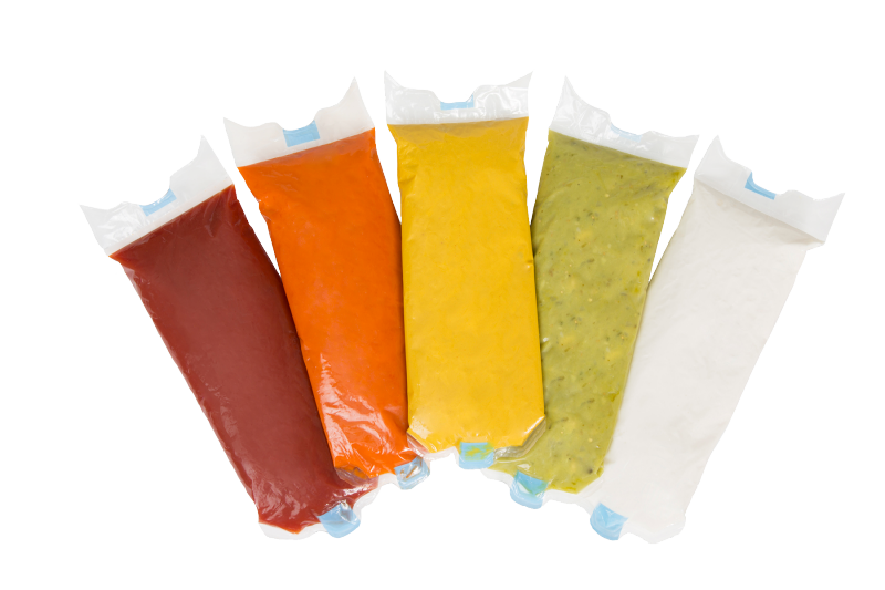 range of dispensing bags with condiments - mustard, ketchup, guacamole, mayo, and dressing