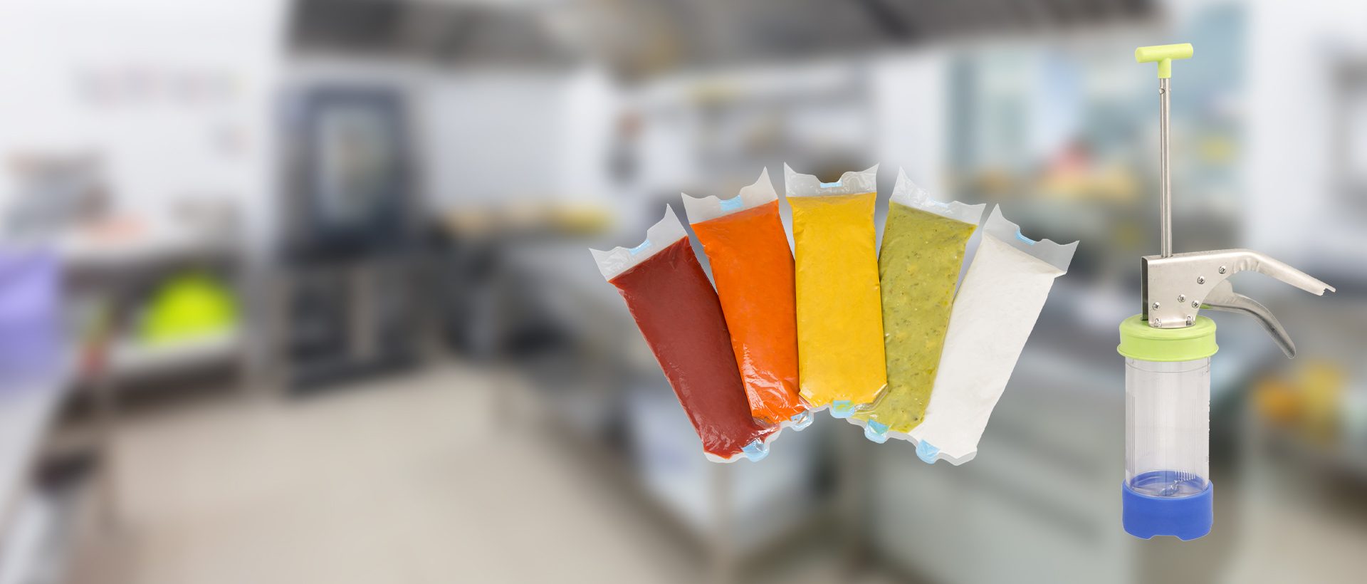 gama de dosadores de pouches para condimentos – mostarda, ketchup, guacamole, maionese e molho de salada