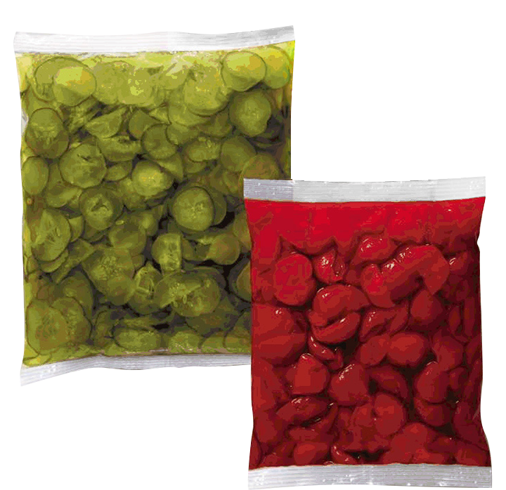 vertical form-fill-seal film bags; one with raspberries and one with pickles