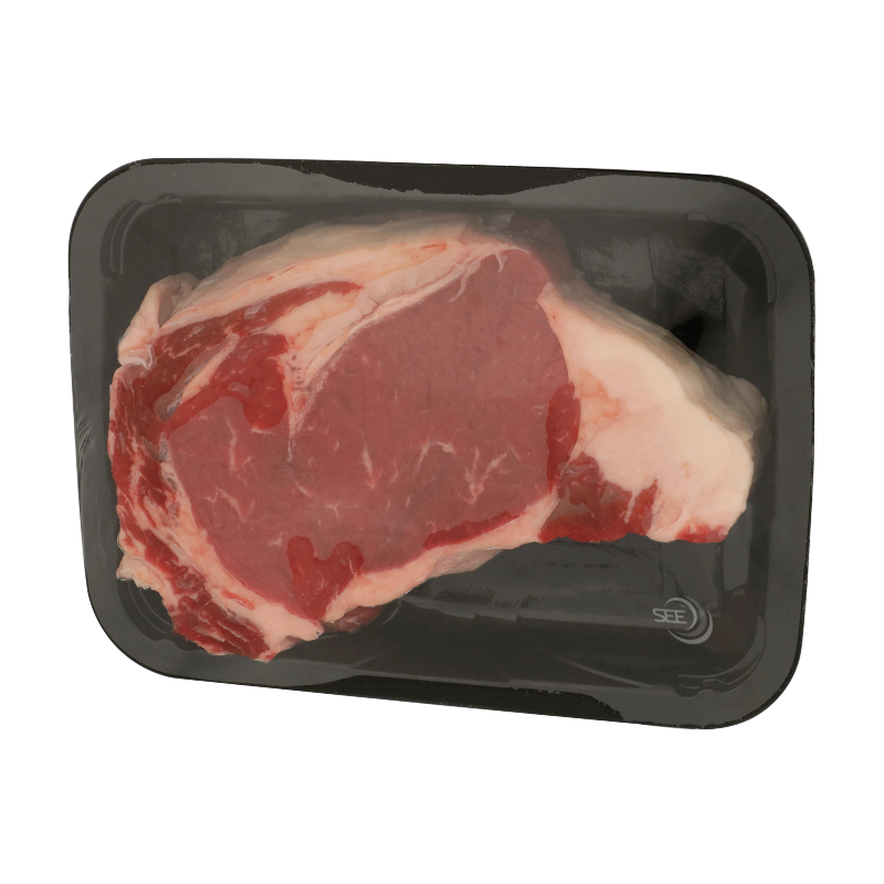 CRYOVAC brand BDF overwrap film over fresh red meat steak on black tray