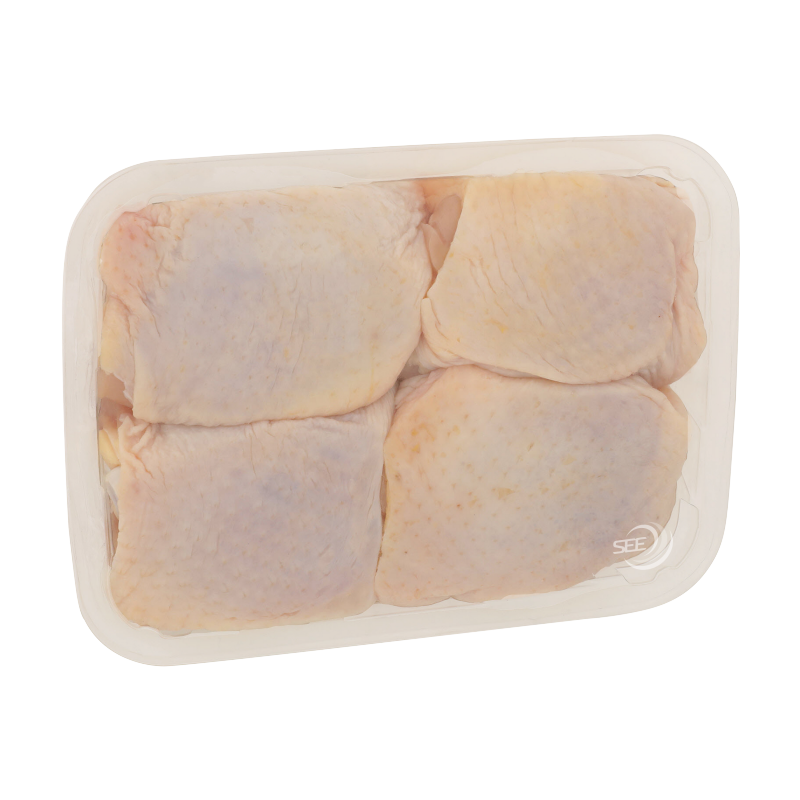 CRYOVAC brand SES overwrap film over chicken thighs in clear tray