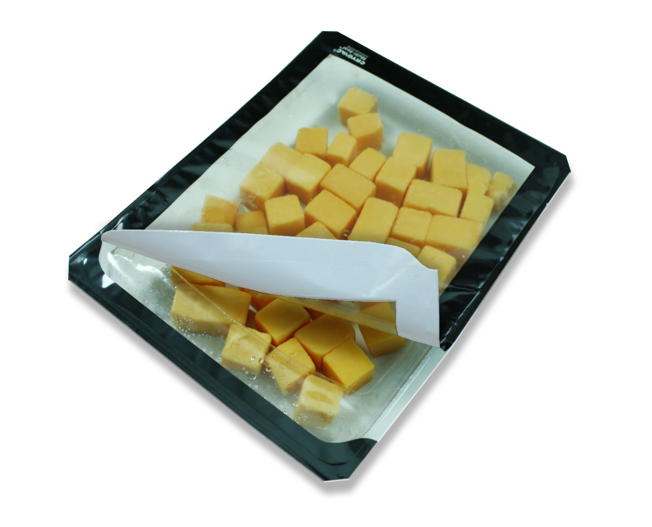 cubed cheese encased in a black Multi-Seal FlexLOK tray