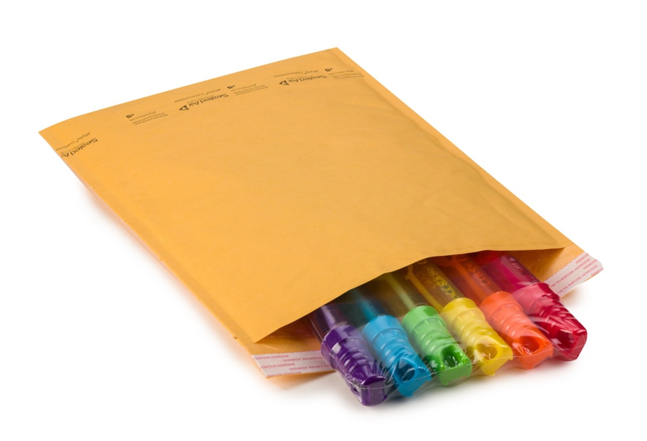 colored pens inside a yellow BUBBLE WRAP JiffyLite Mailer